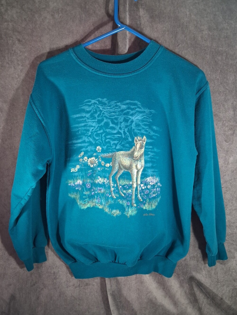 Vintage 90s Northern Getaway Horse In Floral Field Teal Graphic Sweatshirt G L
